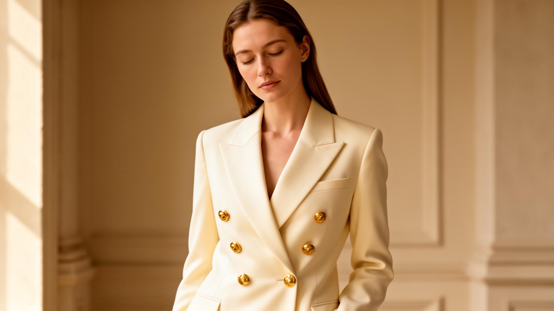 Mujer con blazer marfil de JORIER, colección atemporal
